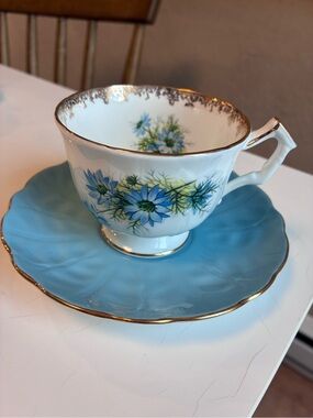 Aynsley Blue Floral Gold-Trim Porcelain Teacup and Saucer